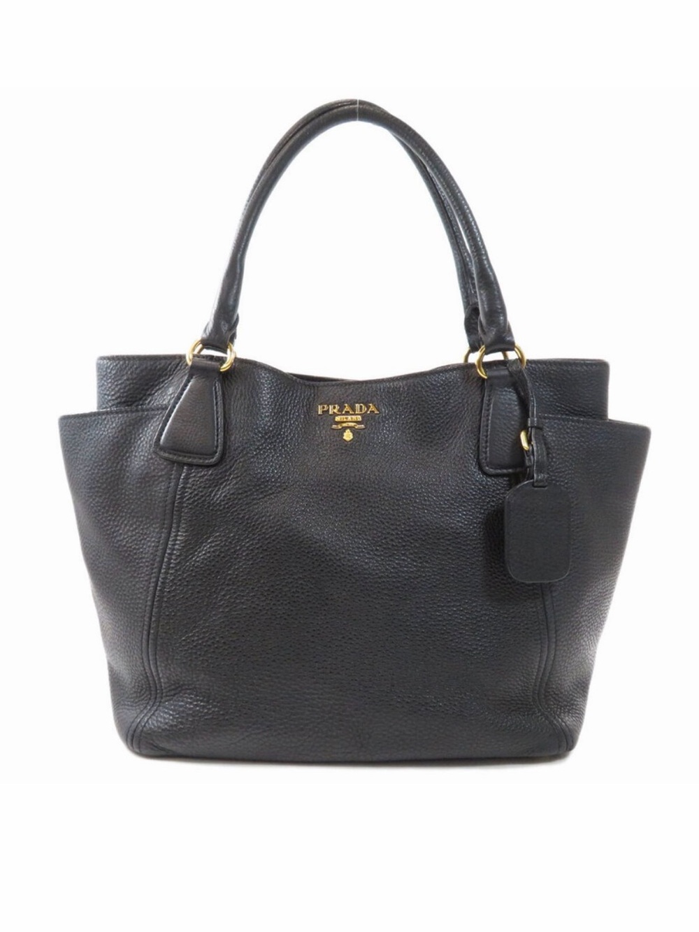 Prada Daino Side Pocket Black Pebbled Leather Tote with Gold Logo